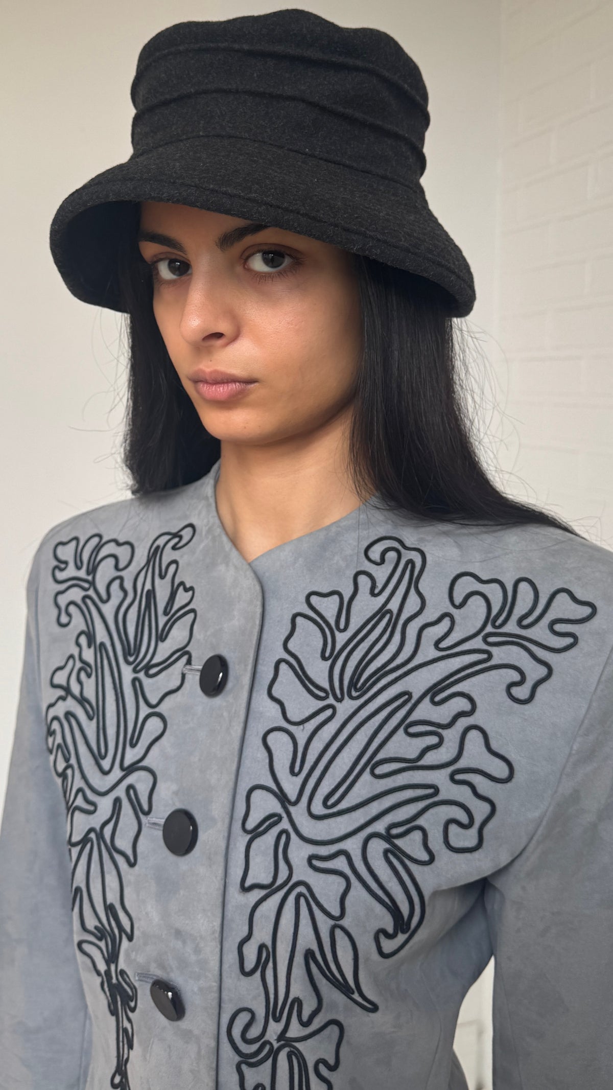 Embroidered Sofrina Suede Jacket Grey