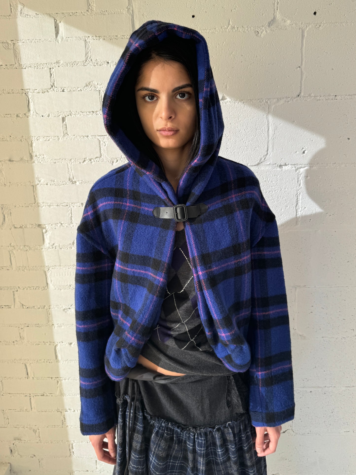 wool plaid cropped hood jacket