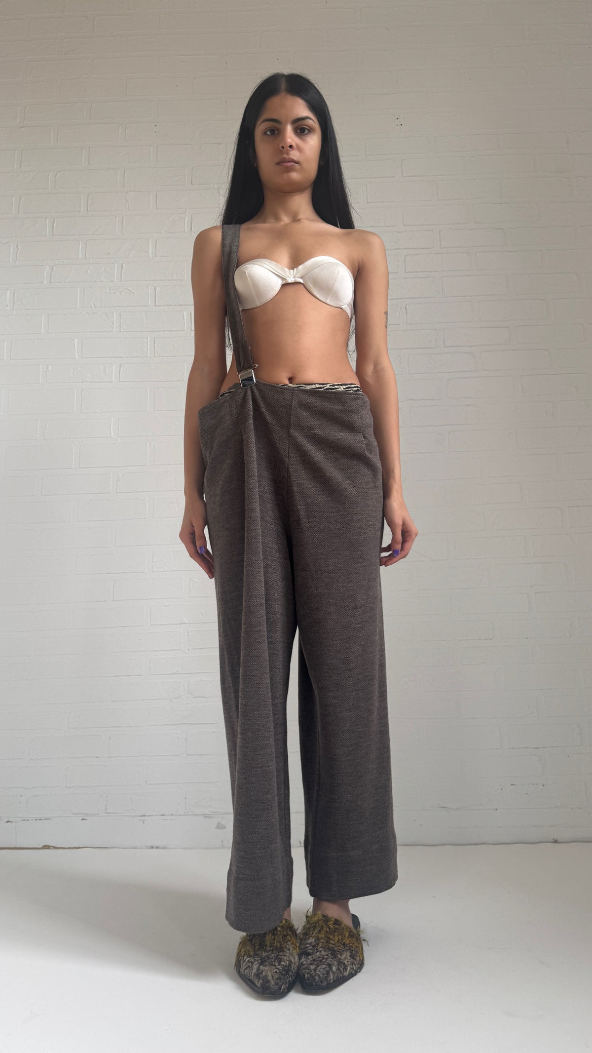 Femme Wool Herringbone Suspender Trousers Brown