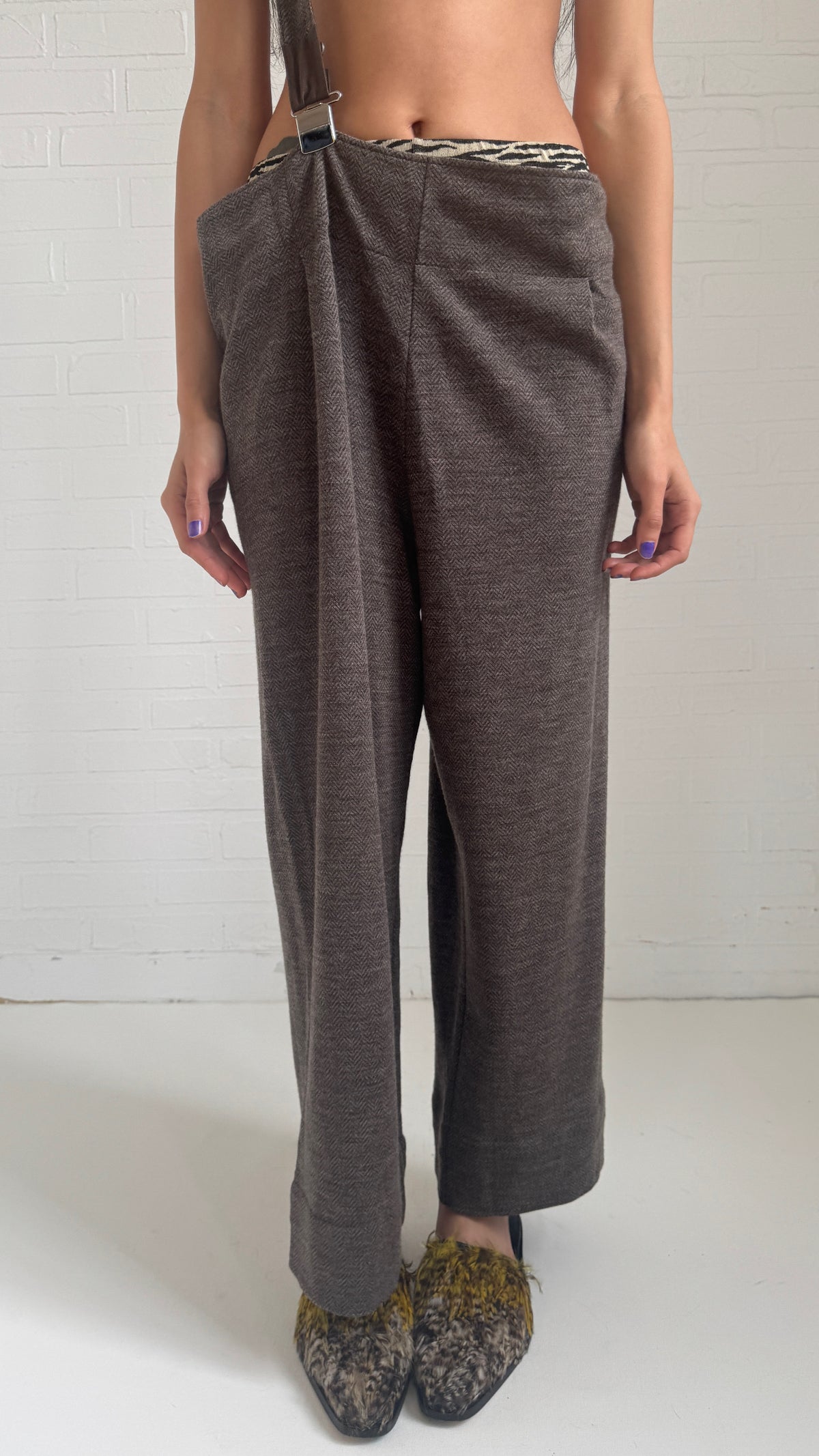 Femme Wool Herringbone Suspender Trousers Brown