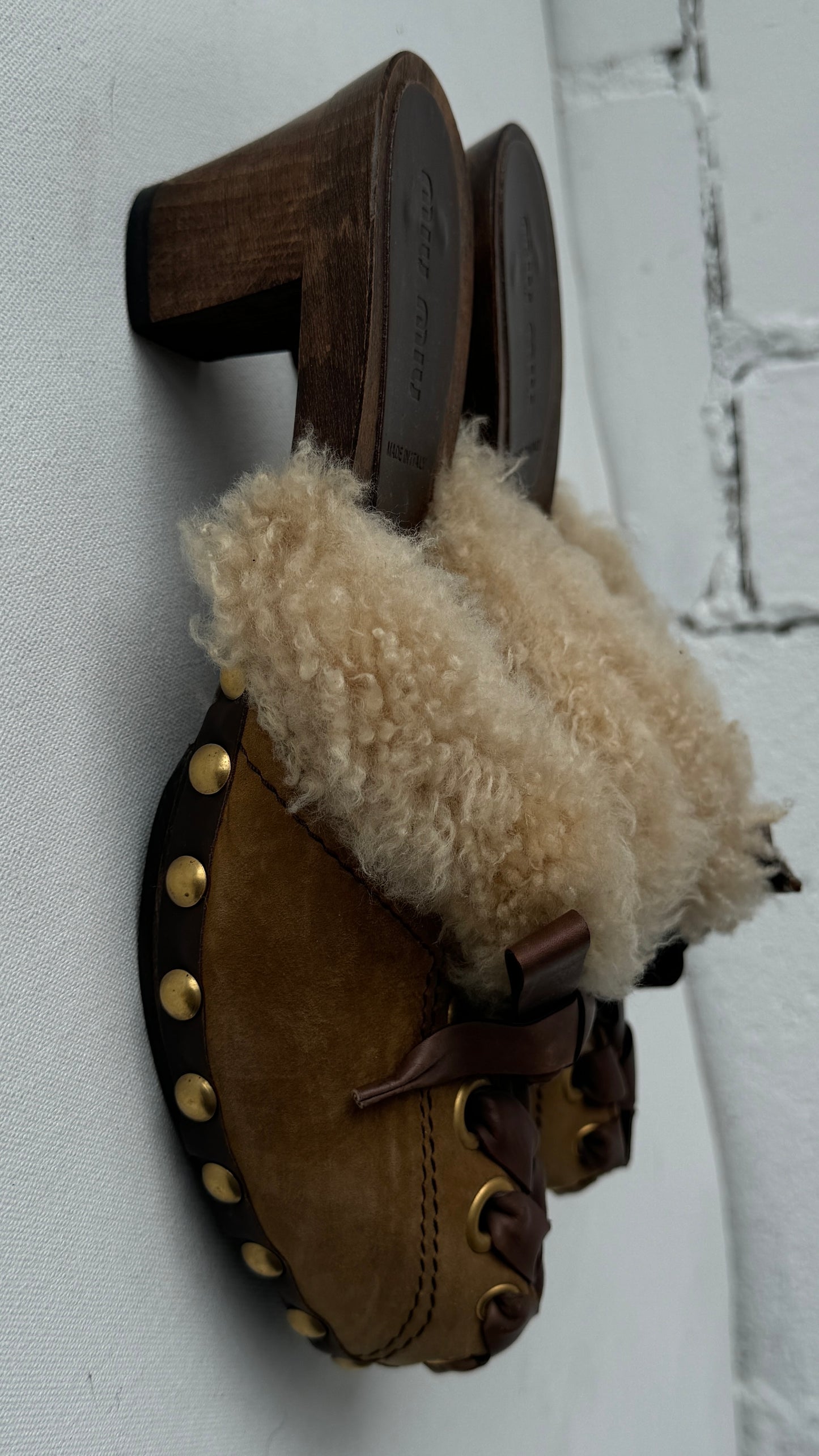 wood shearling mules