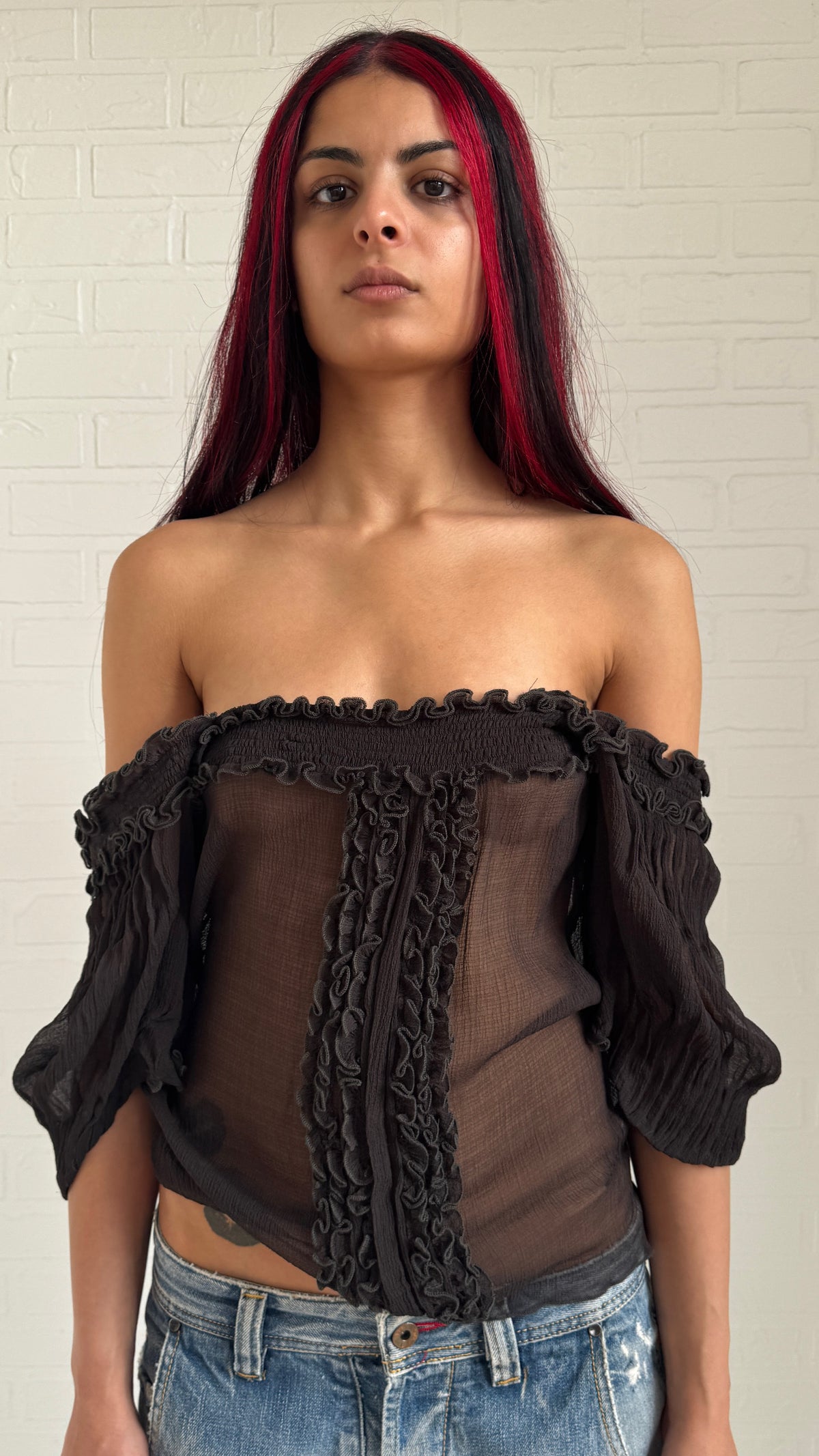Charcoal Silk Ruffle Top