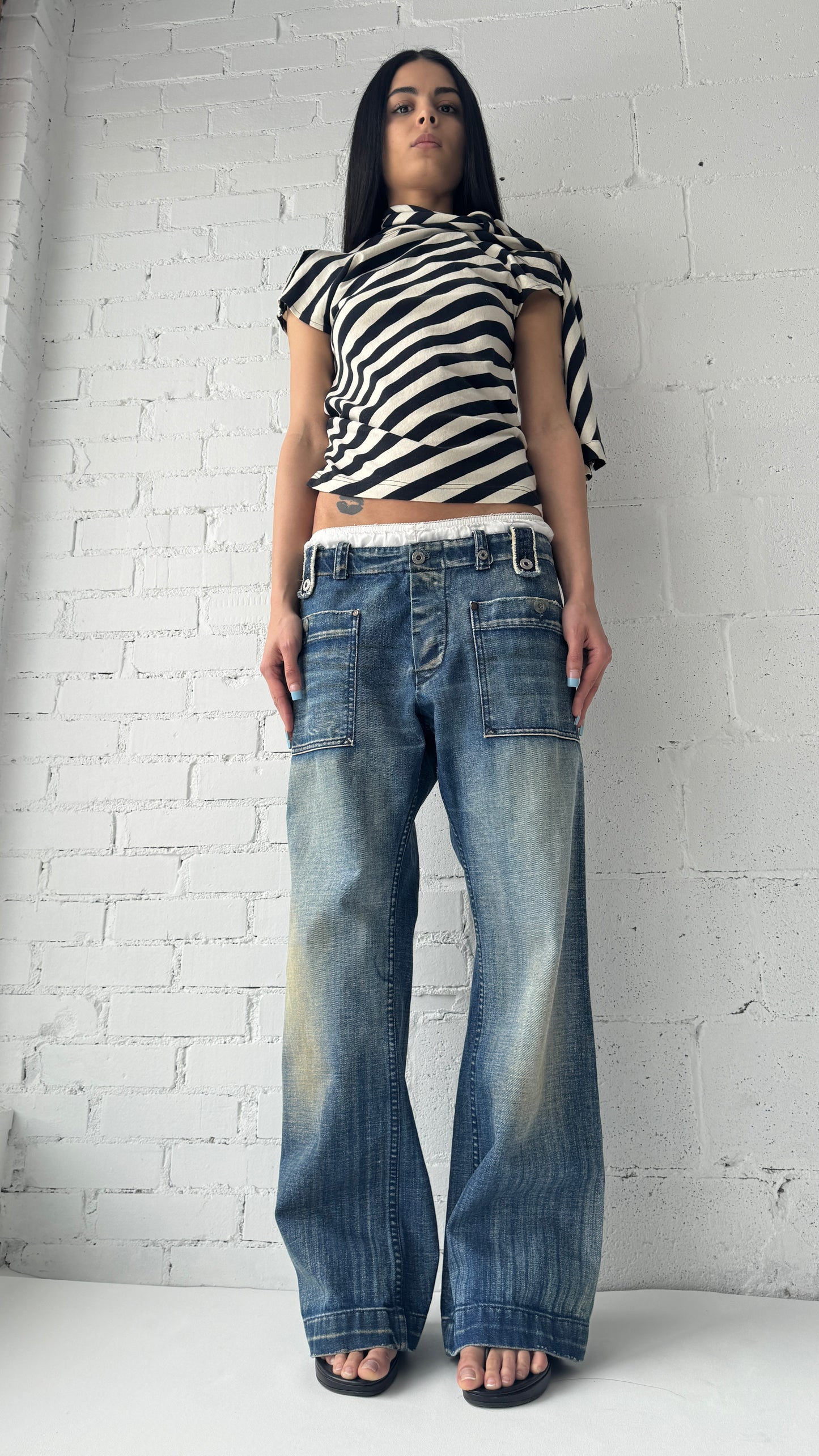 stripe pocket wide jeans 34