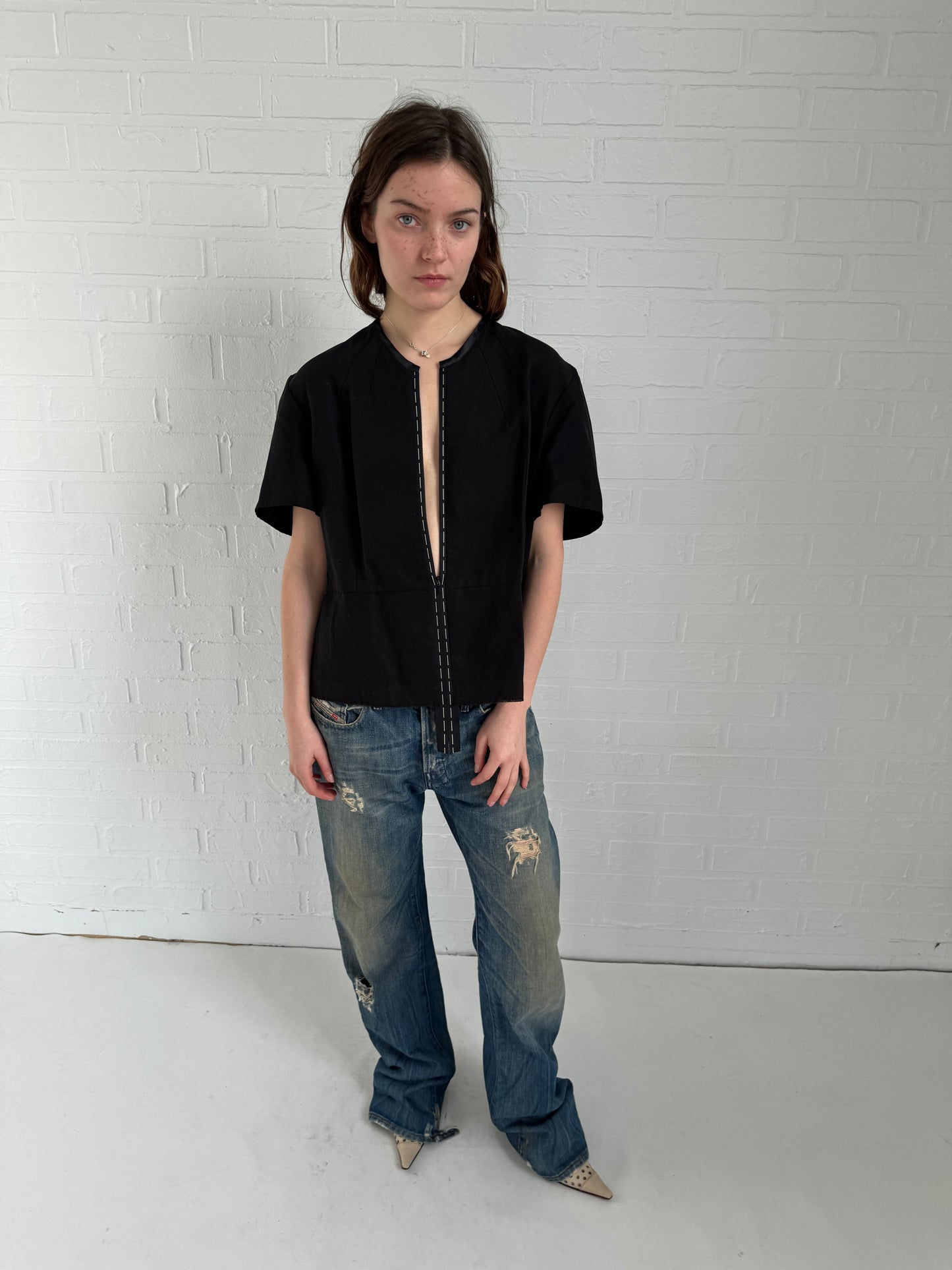 Marc le bihan cotton linen stitched zip blouse in black