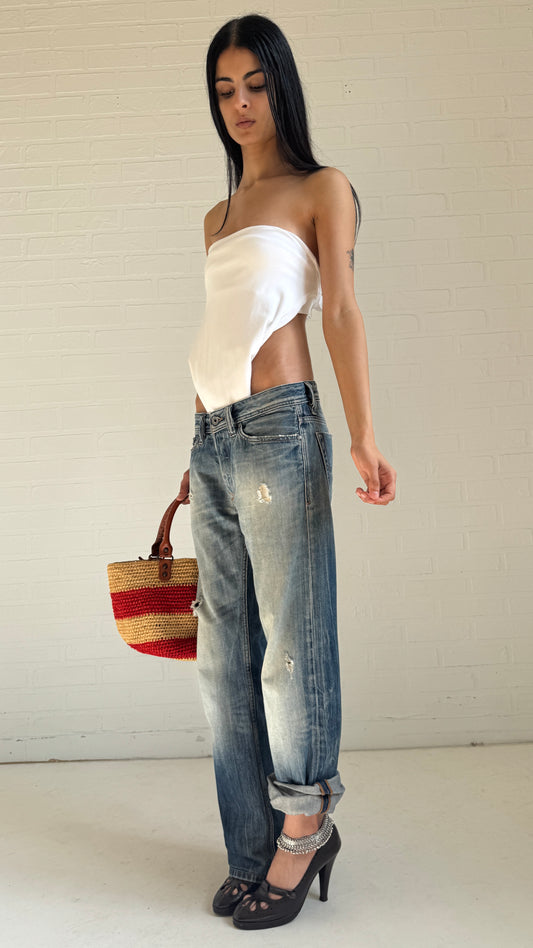 Distressed Faded Blue Straight Jeans