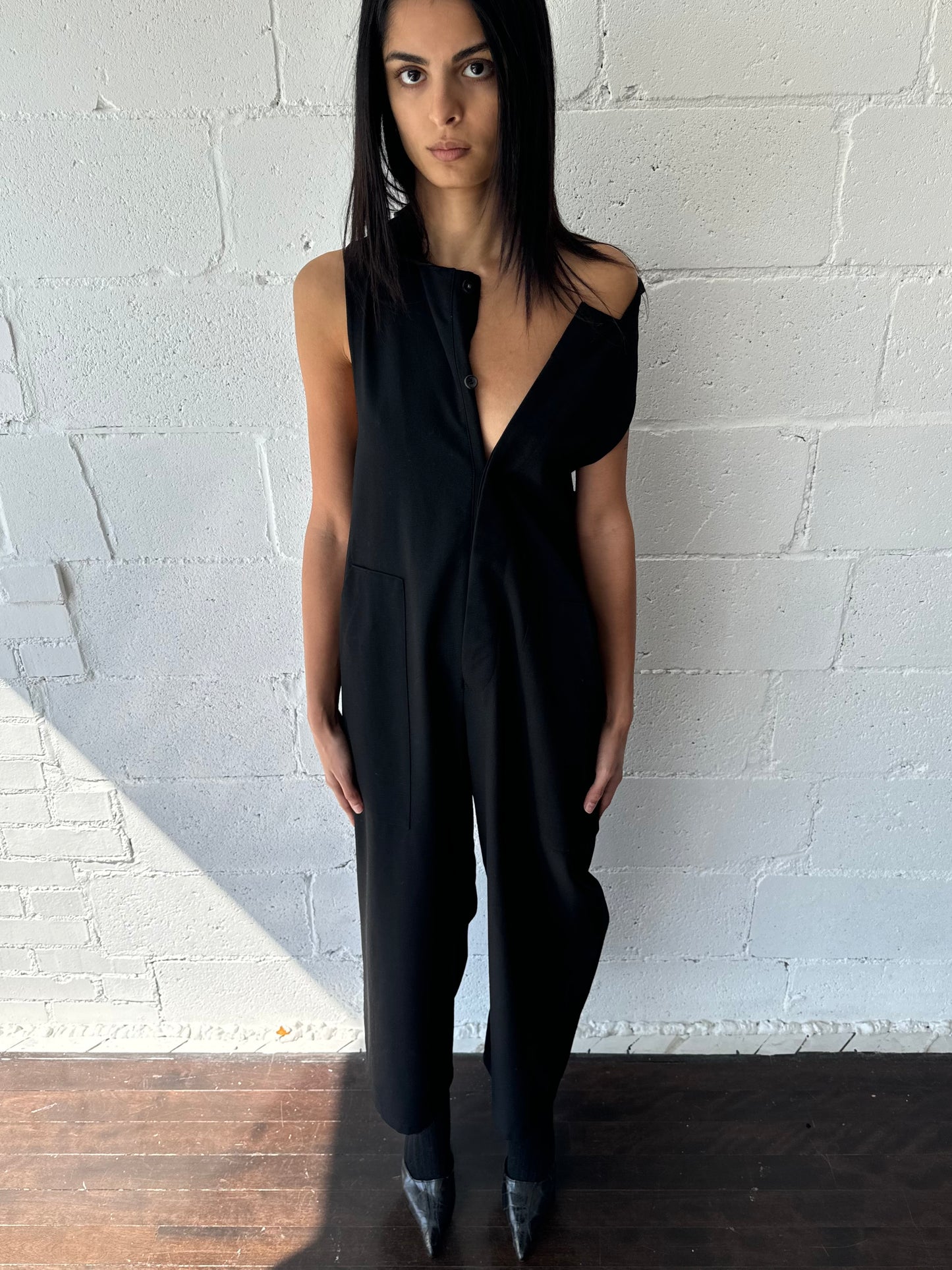 wool gabardine one piece in black