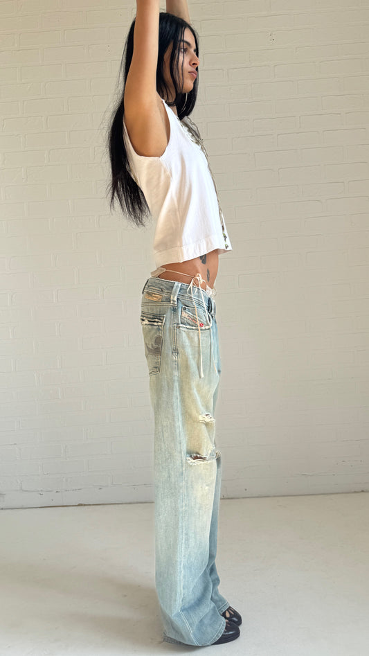 Embroidered Distressed Bootcut Jeans