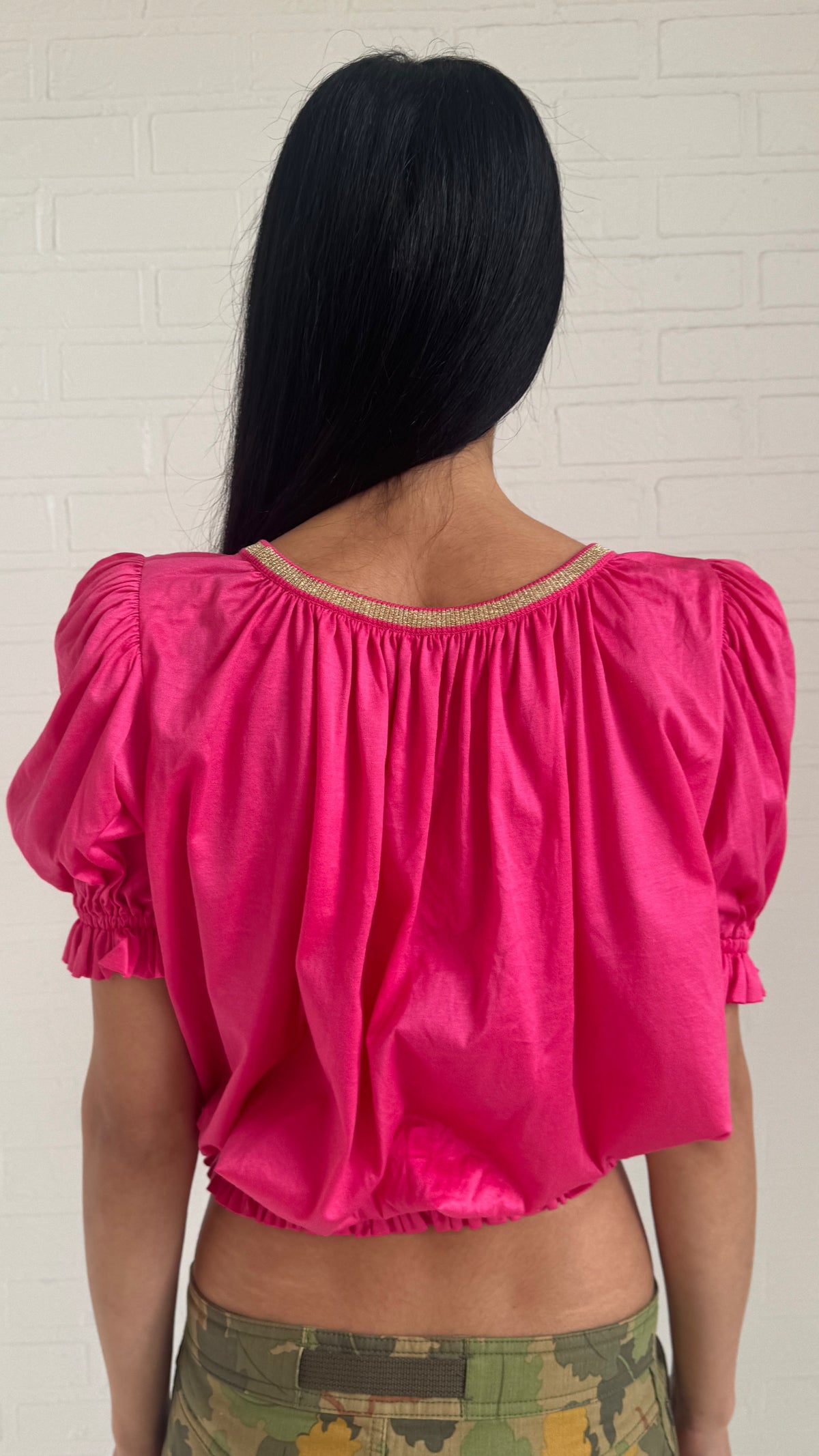 Silk Puff Sleeve Ringer Top