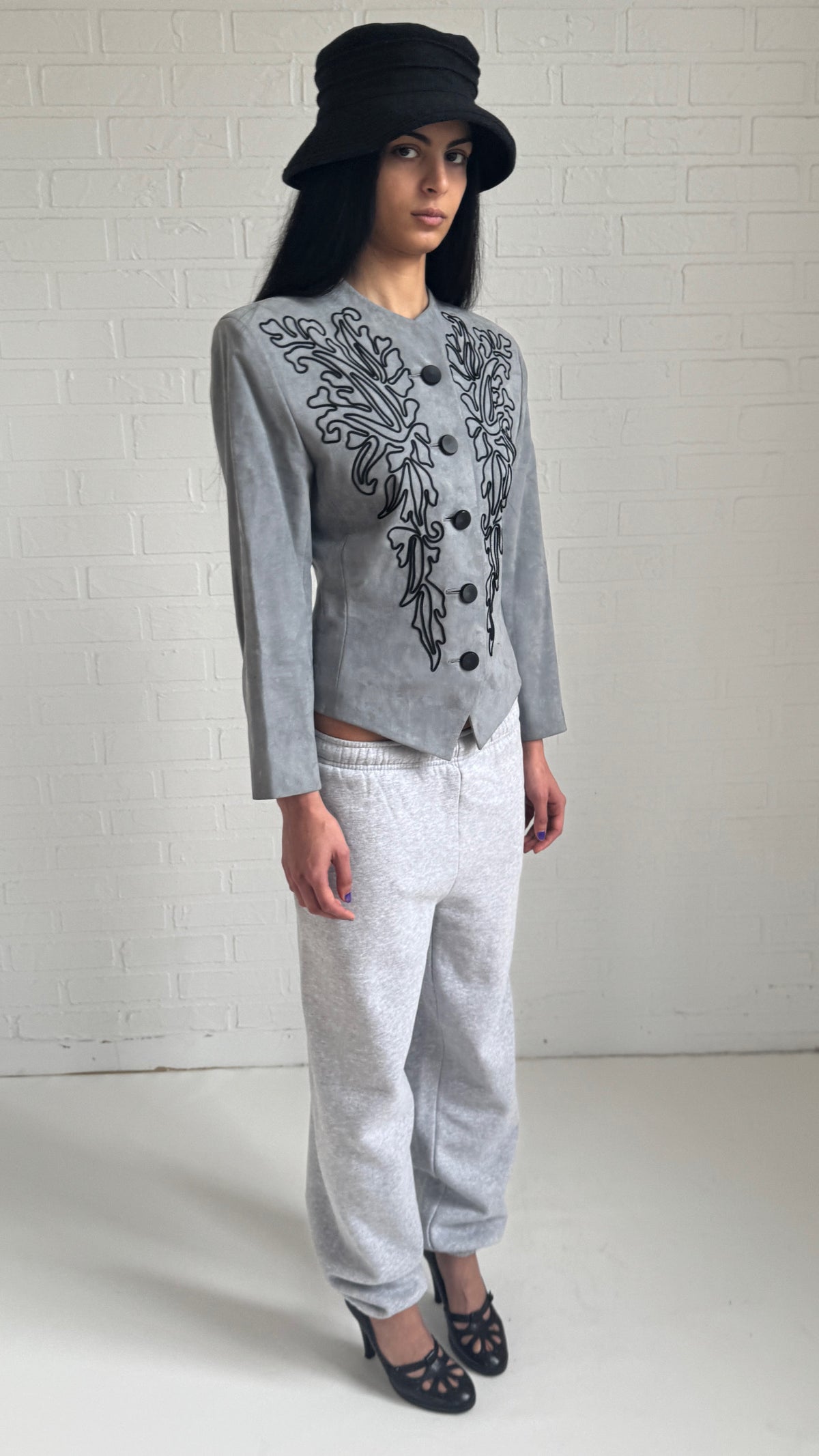 Embroidered Sofrina Suede Jacket Grey