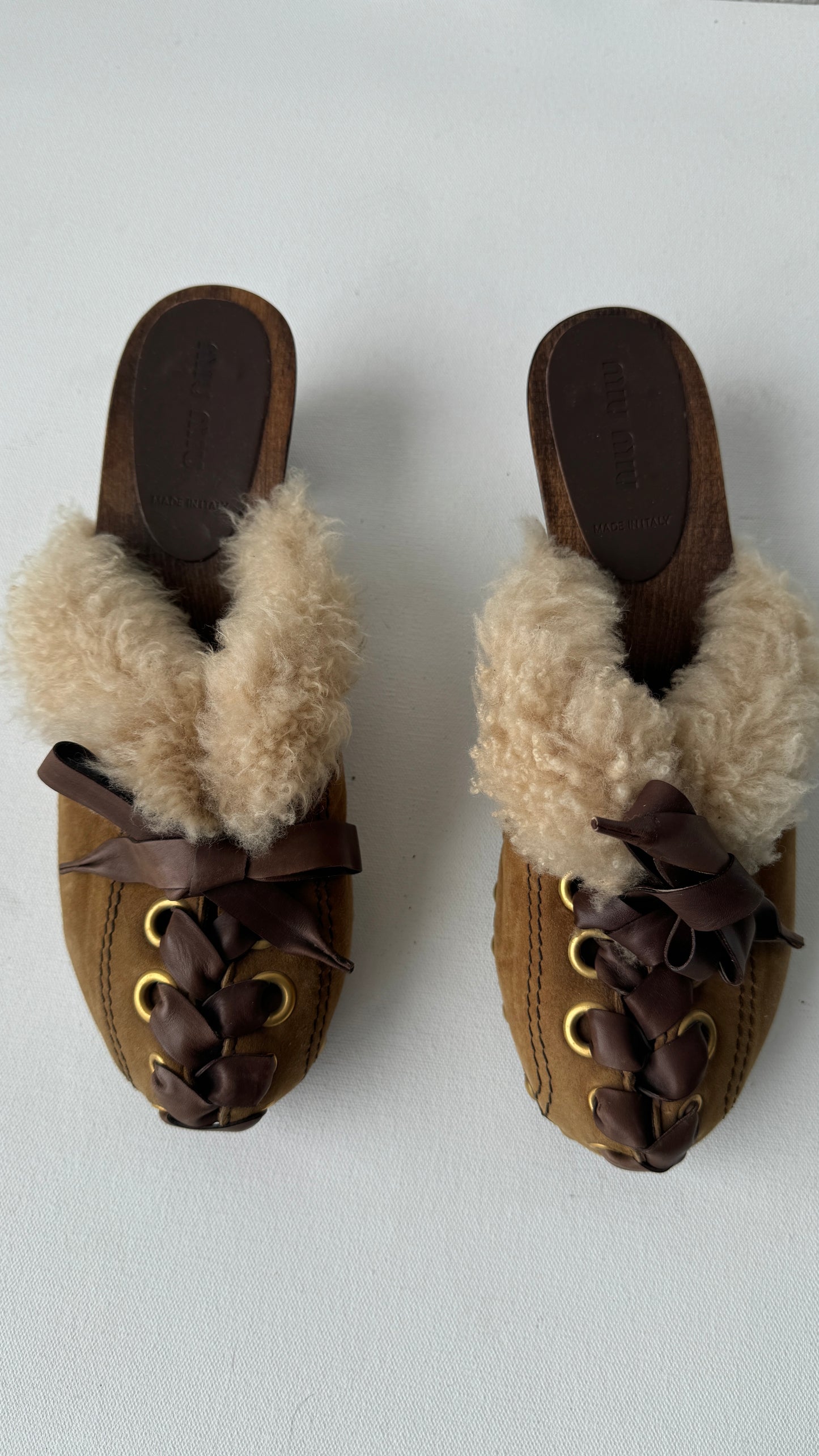 wood shearling mules