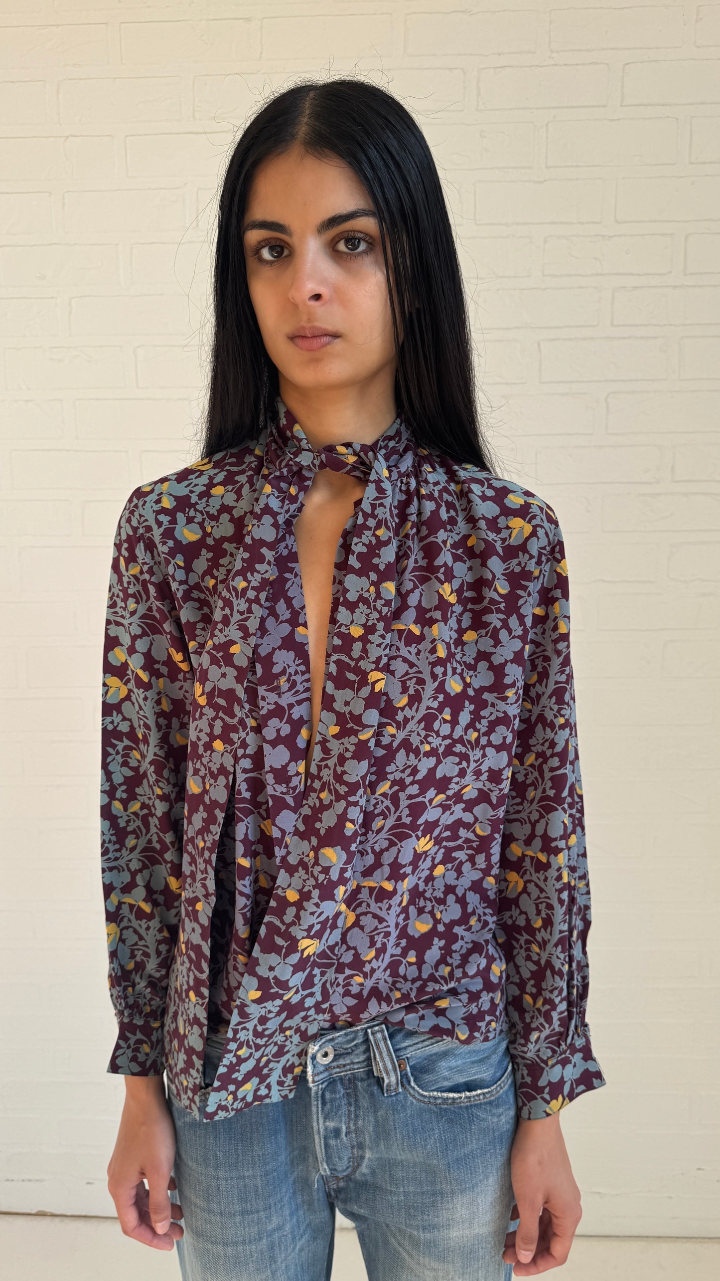 Floral Silk Tie-Neck Blouse