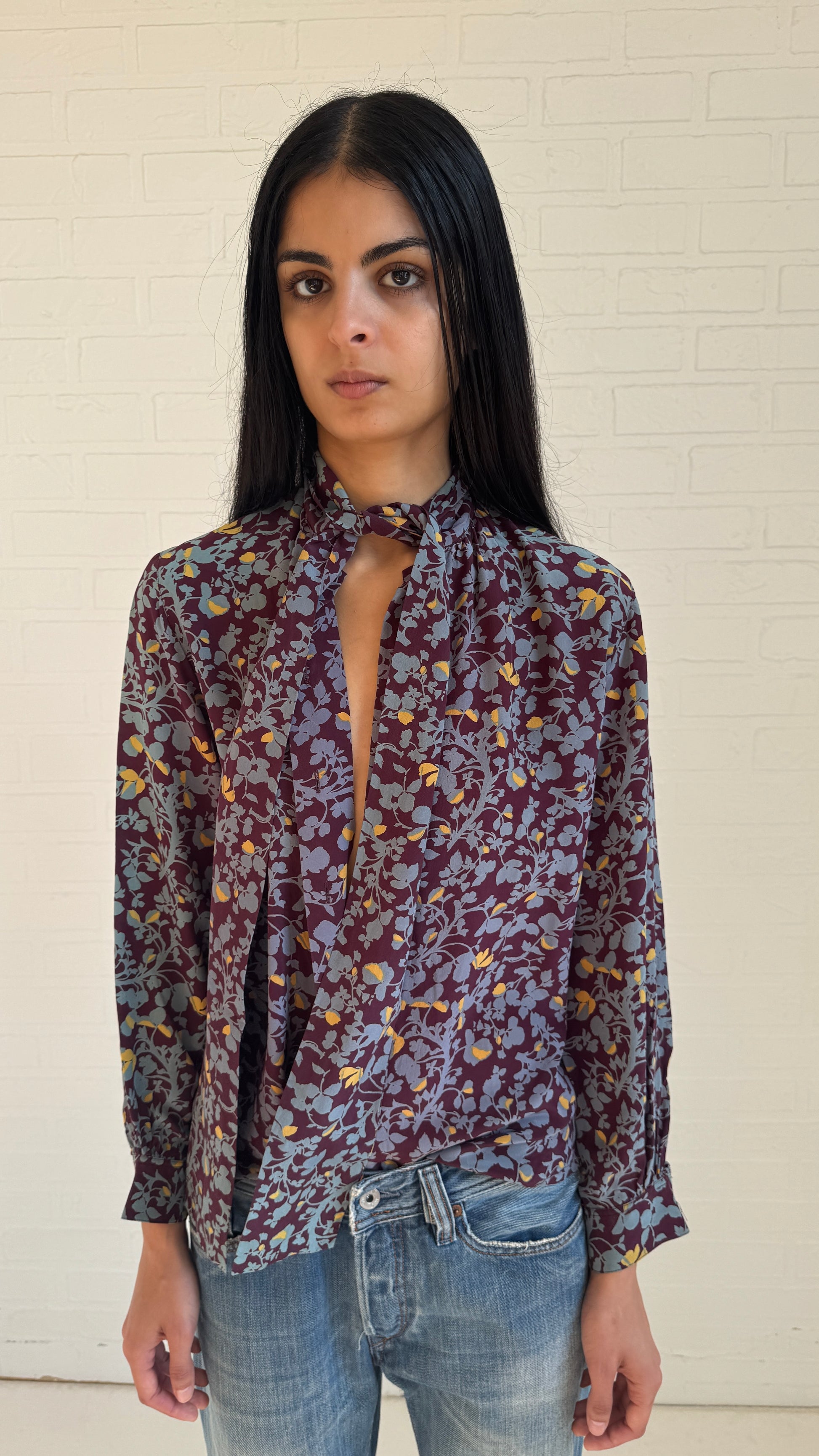 Floral Silk Tie-Neck Blouse