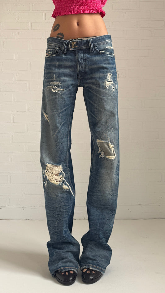 Heavily Distressed Straight Leg Jeans