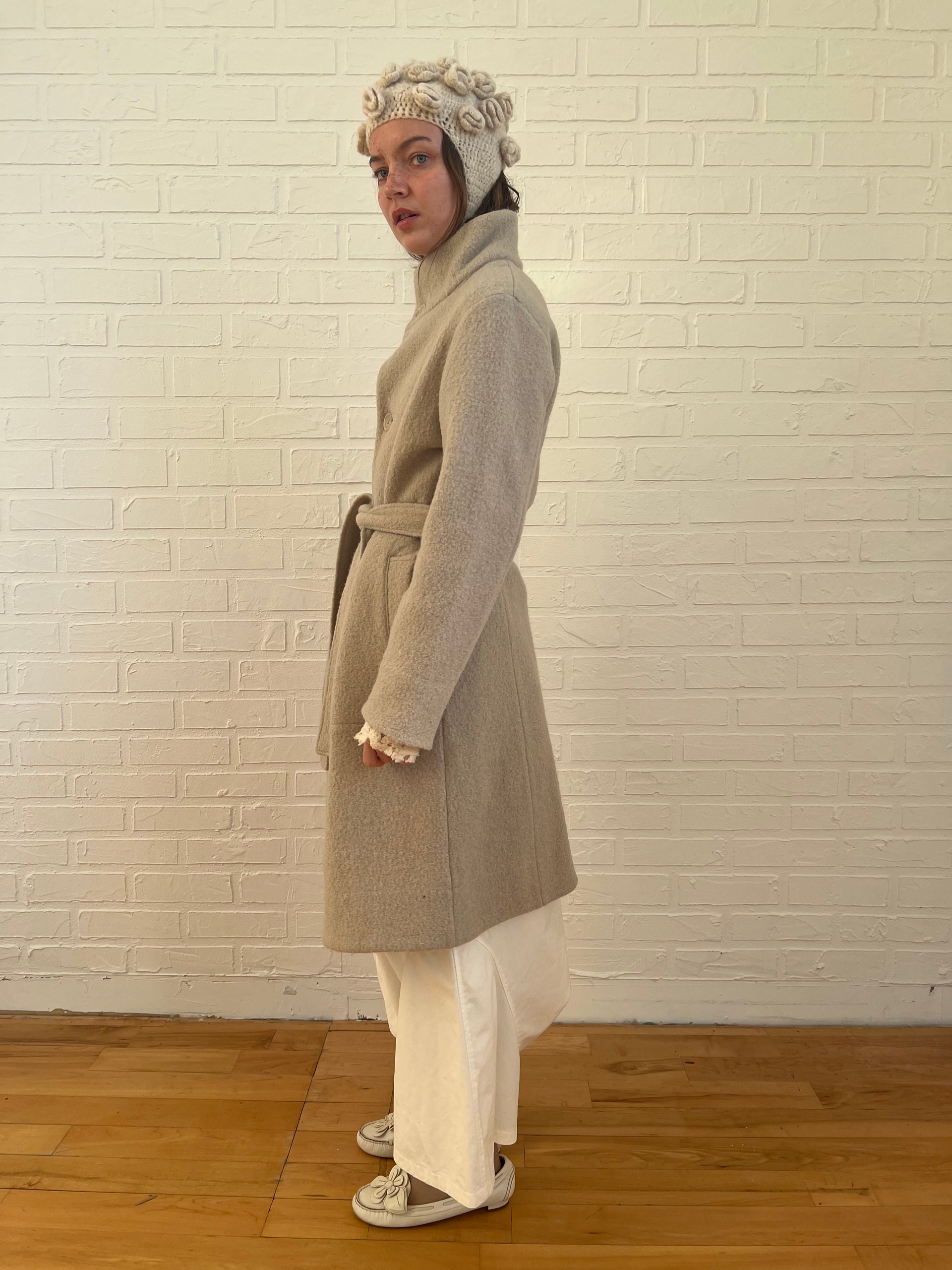 Issey Miyake Plantation boiled wool long coat with stand collar and