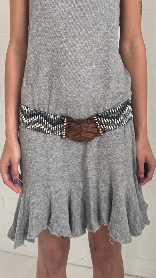 Beaded Belt with Wooden Buckle