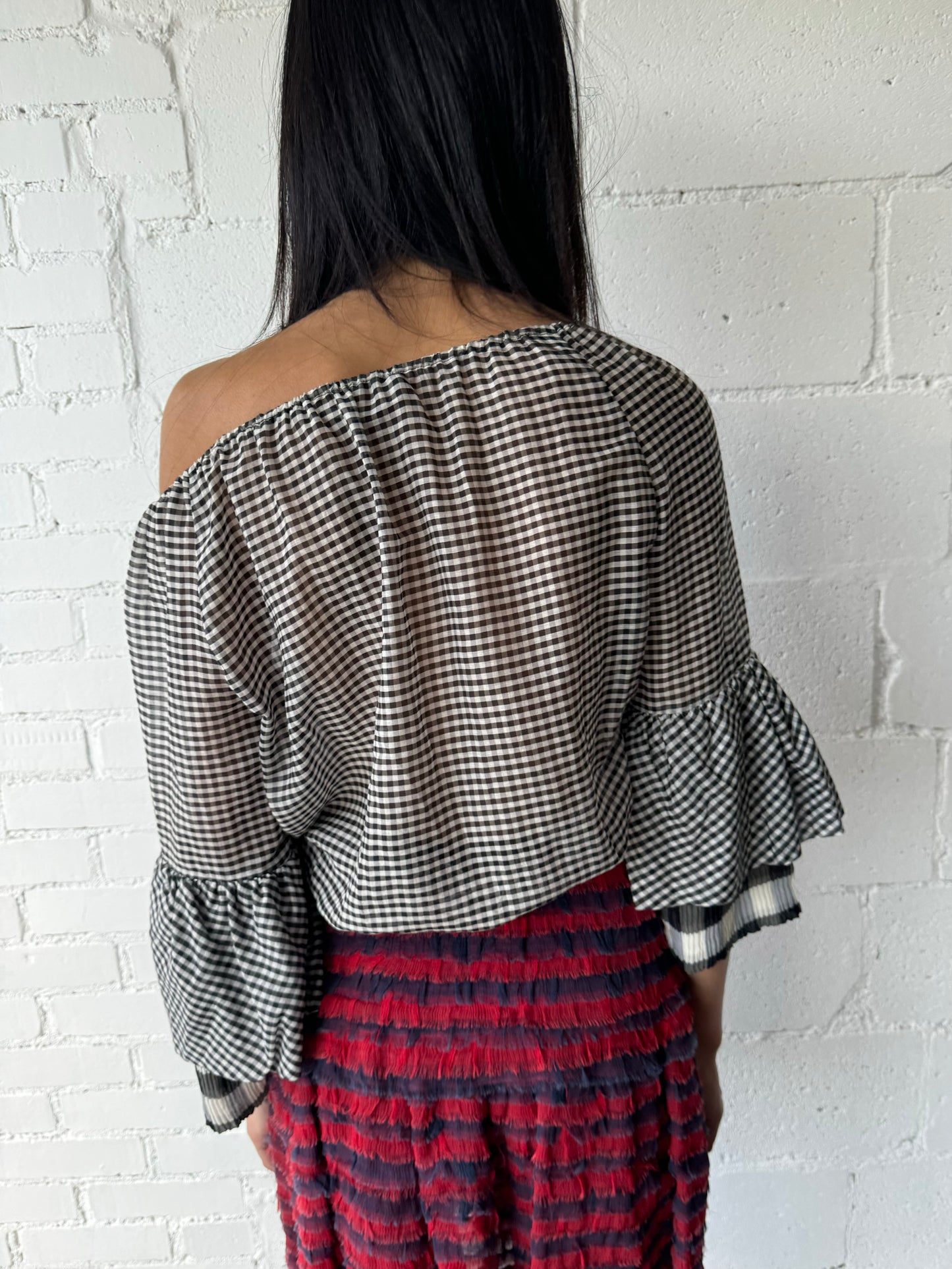 gingham blouse with silk stripe sleeves