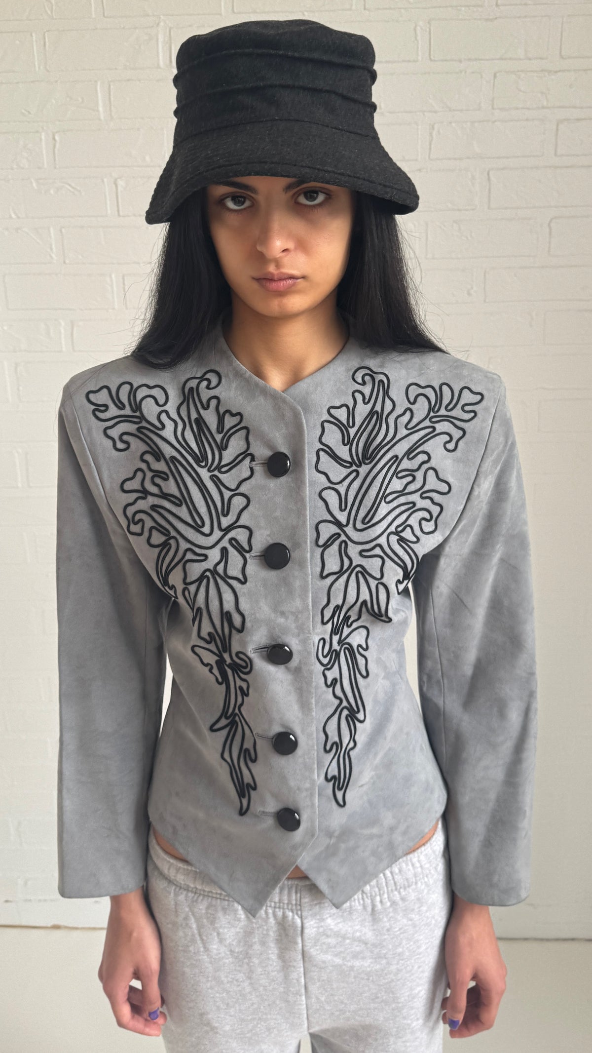 Embroidered Sofrina Suede Jacket Grey