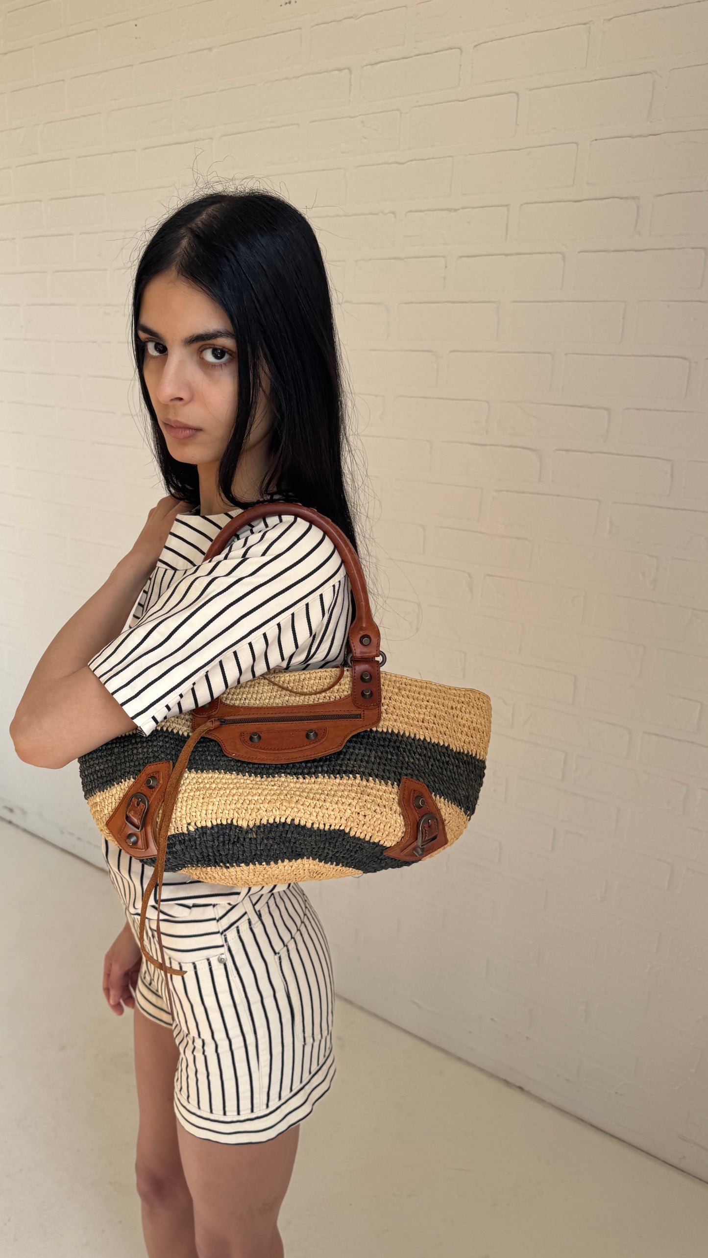 Motocross Striped Raffia Bag