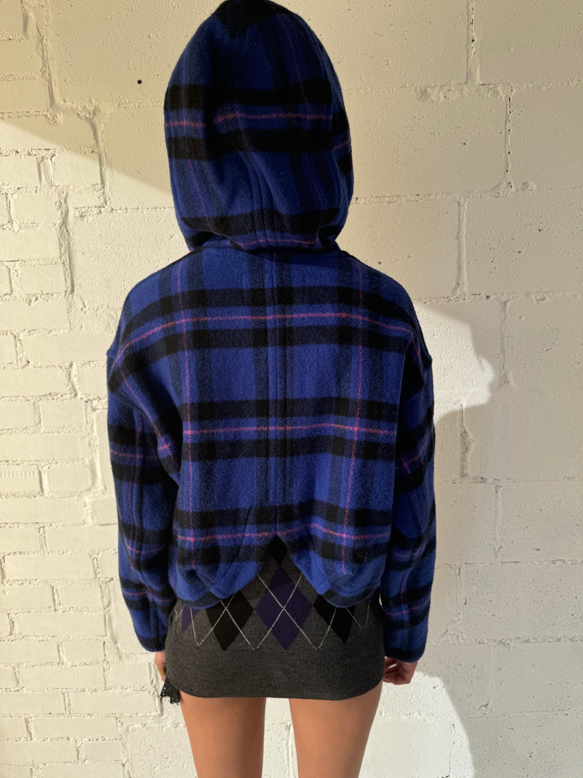wool plaid cropped hood jacket