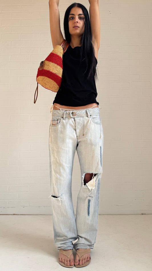 Distressed Embroidered Pockets Light Wash Jeans