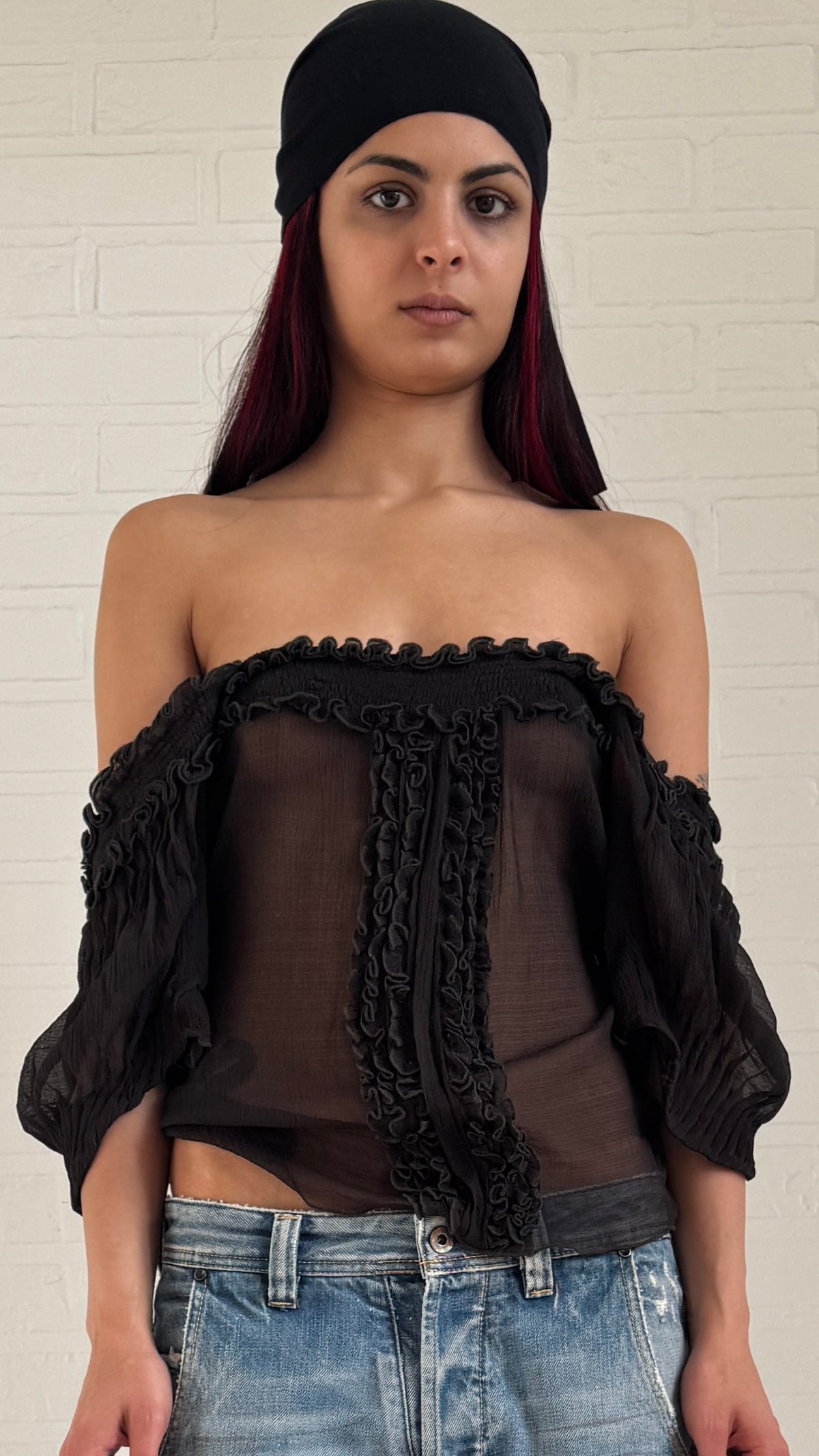 Charcoal Silk Ruffle Top