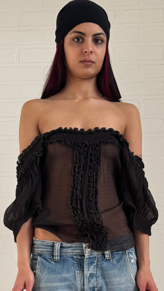 Charcoal Silk Ruffle Top