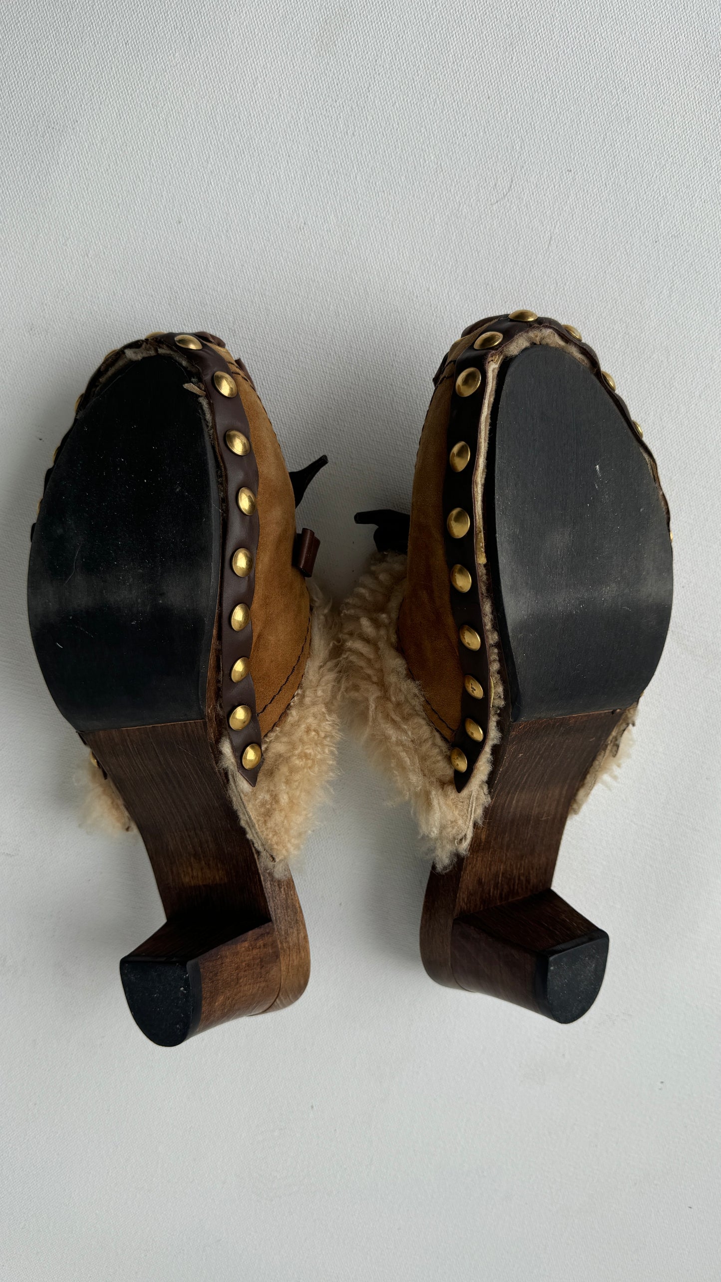 wood shearling mules