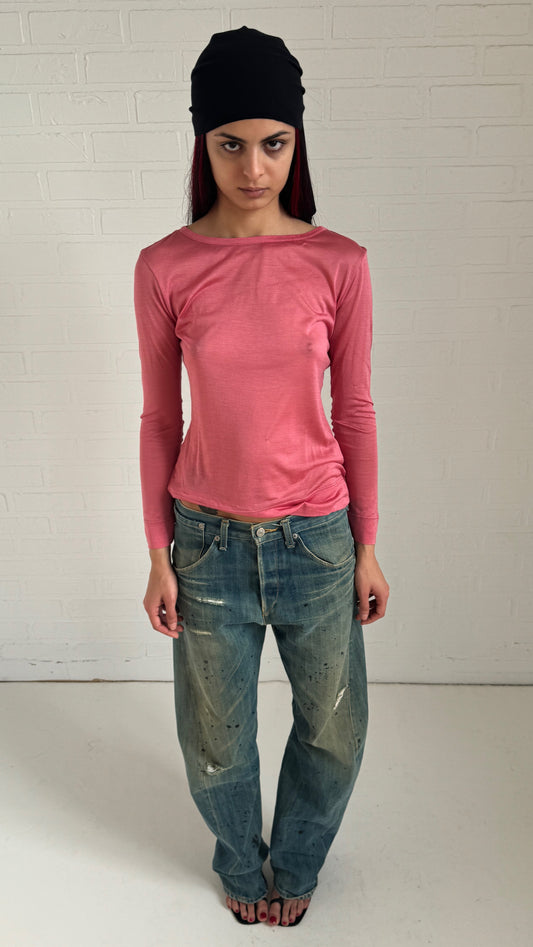 Pink Silk Sheer Long Sleeve Top