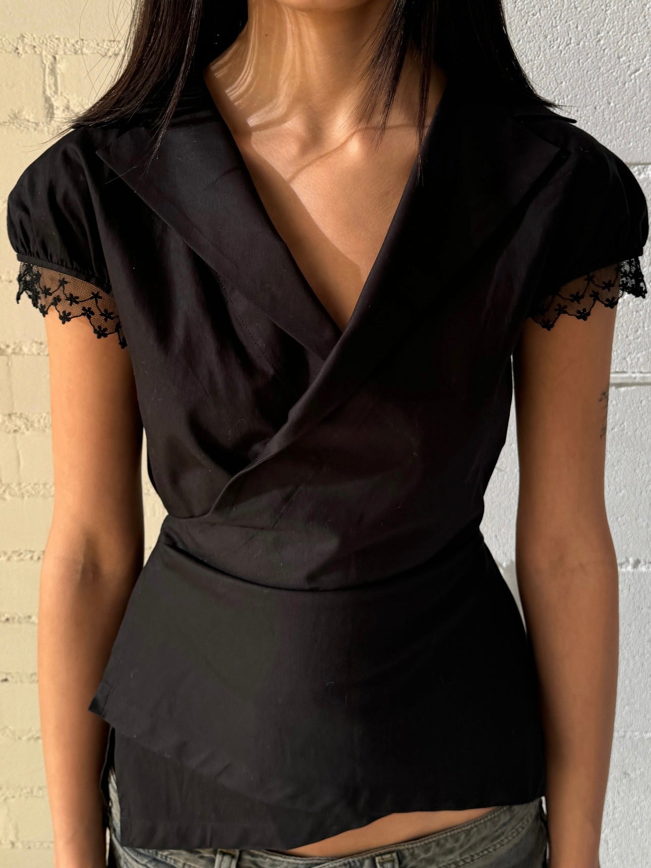 wrap lace sleeve shirt jacket  / black
