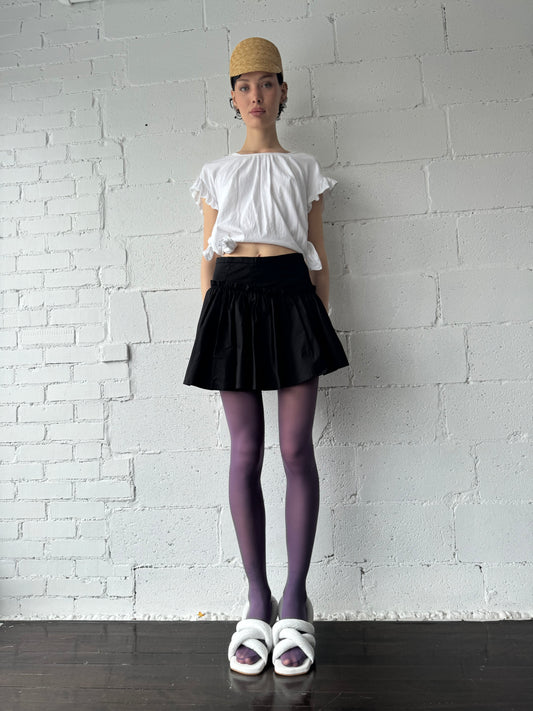 cotton stretch assymetric ruched pleat mini skirt / black