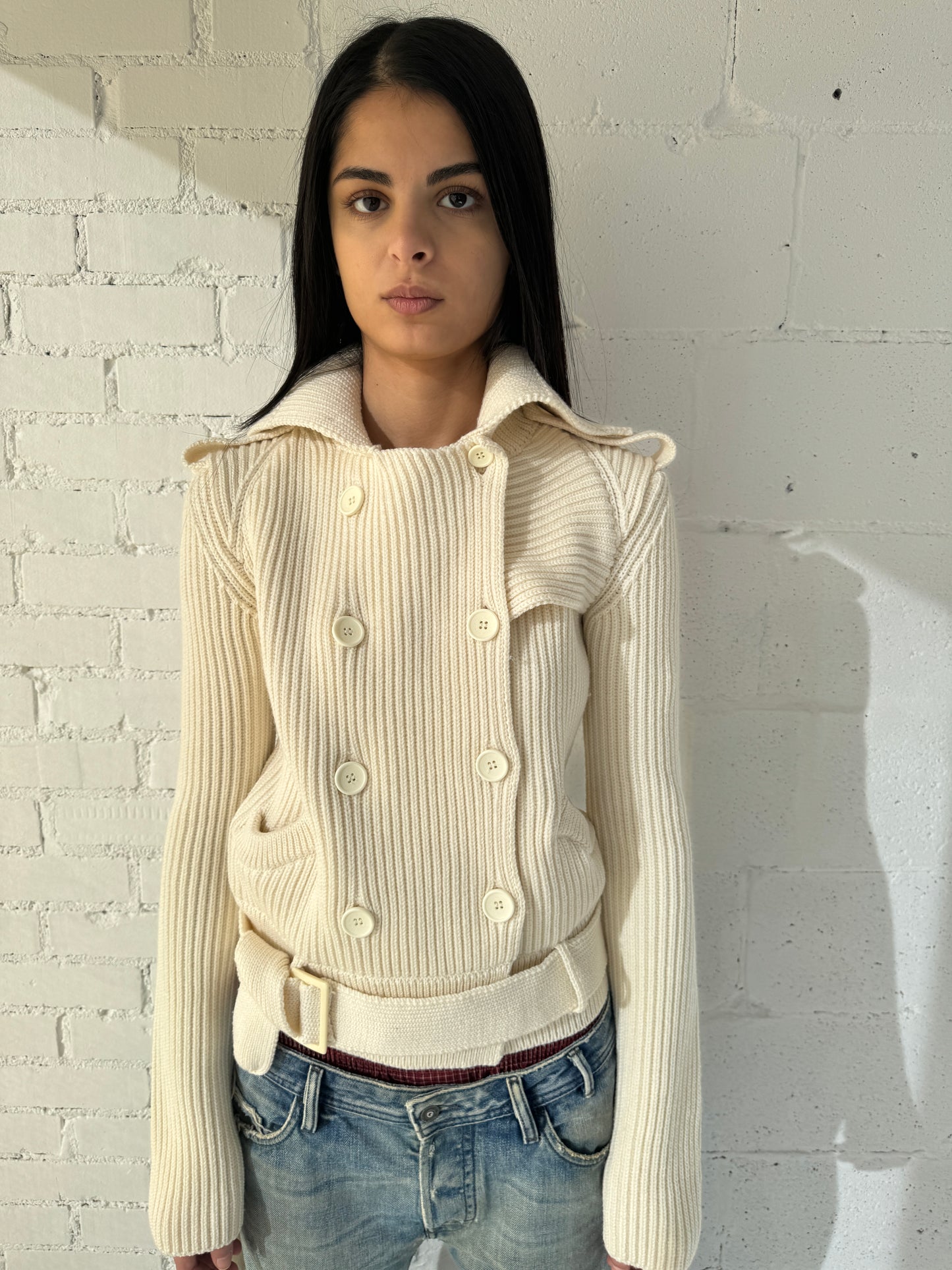 rib knit button jacket / cream