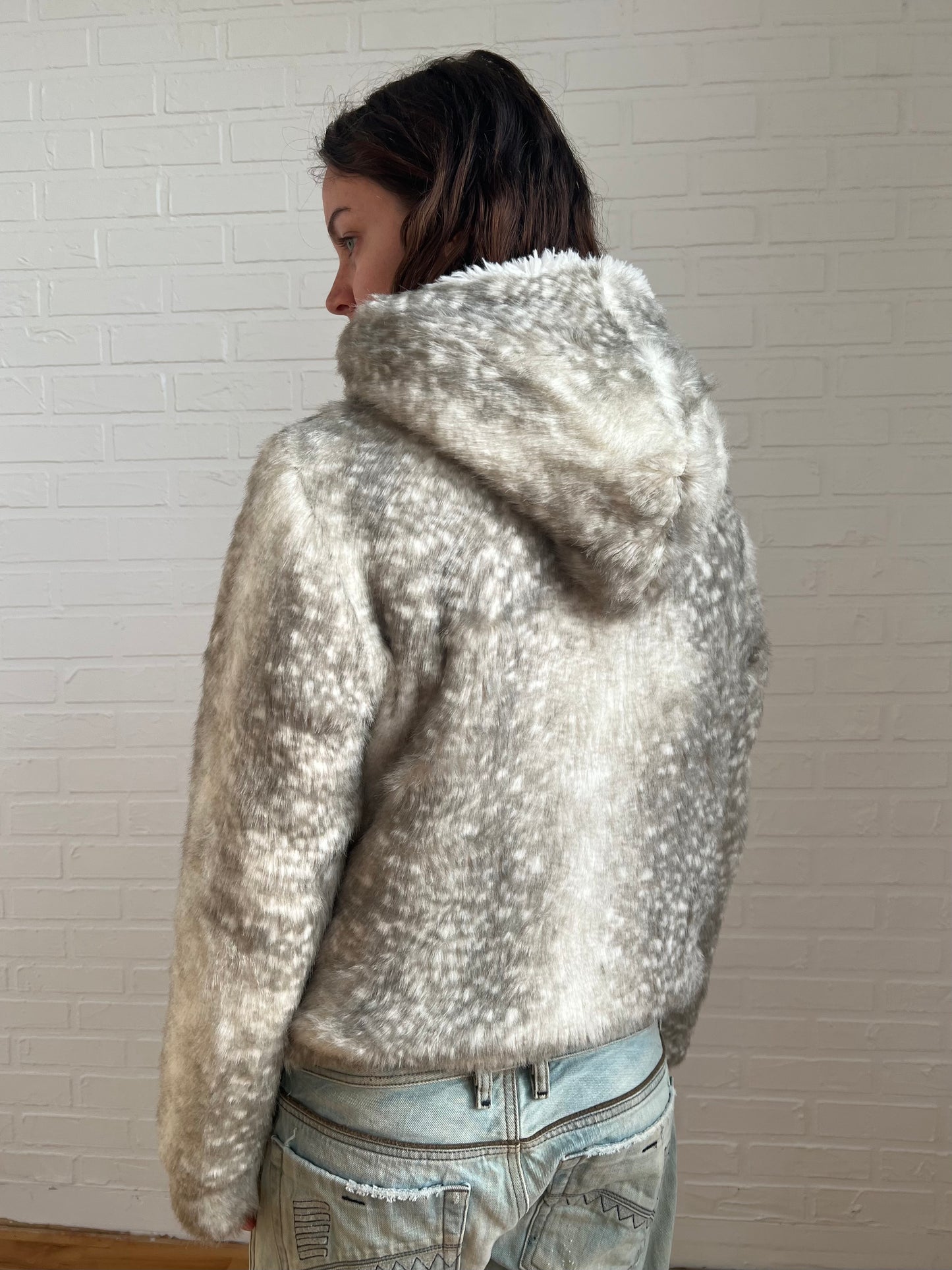 Tsumori Chisato faux fur hoodie jacket in grey / white