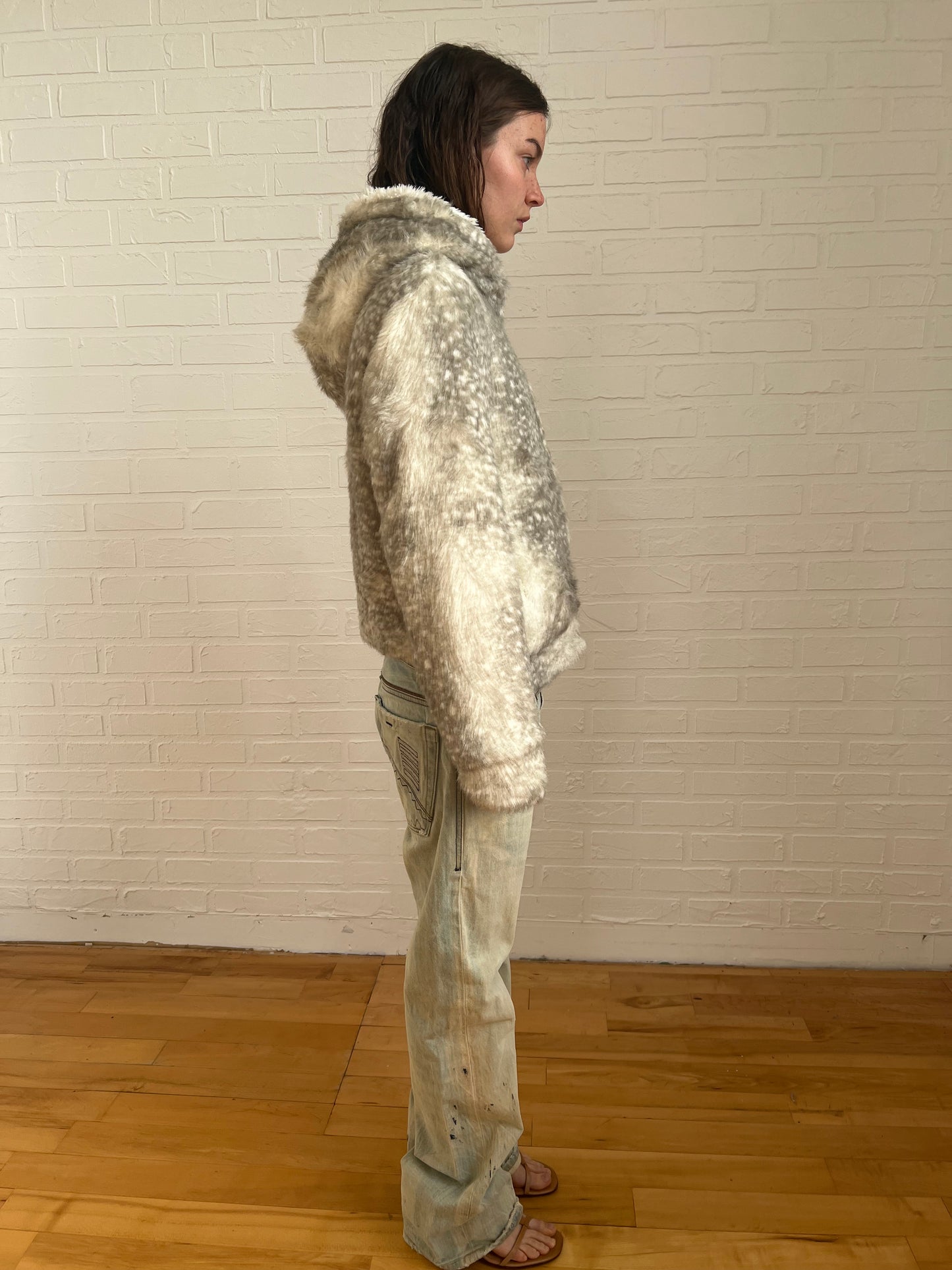 Tsumori Chisato faux fur hoodie jacket in grey / white