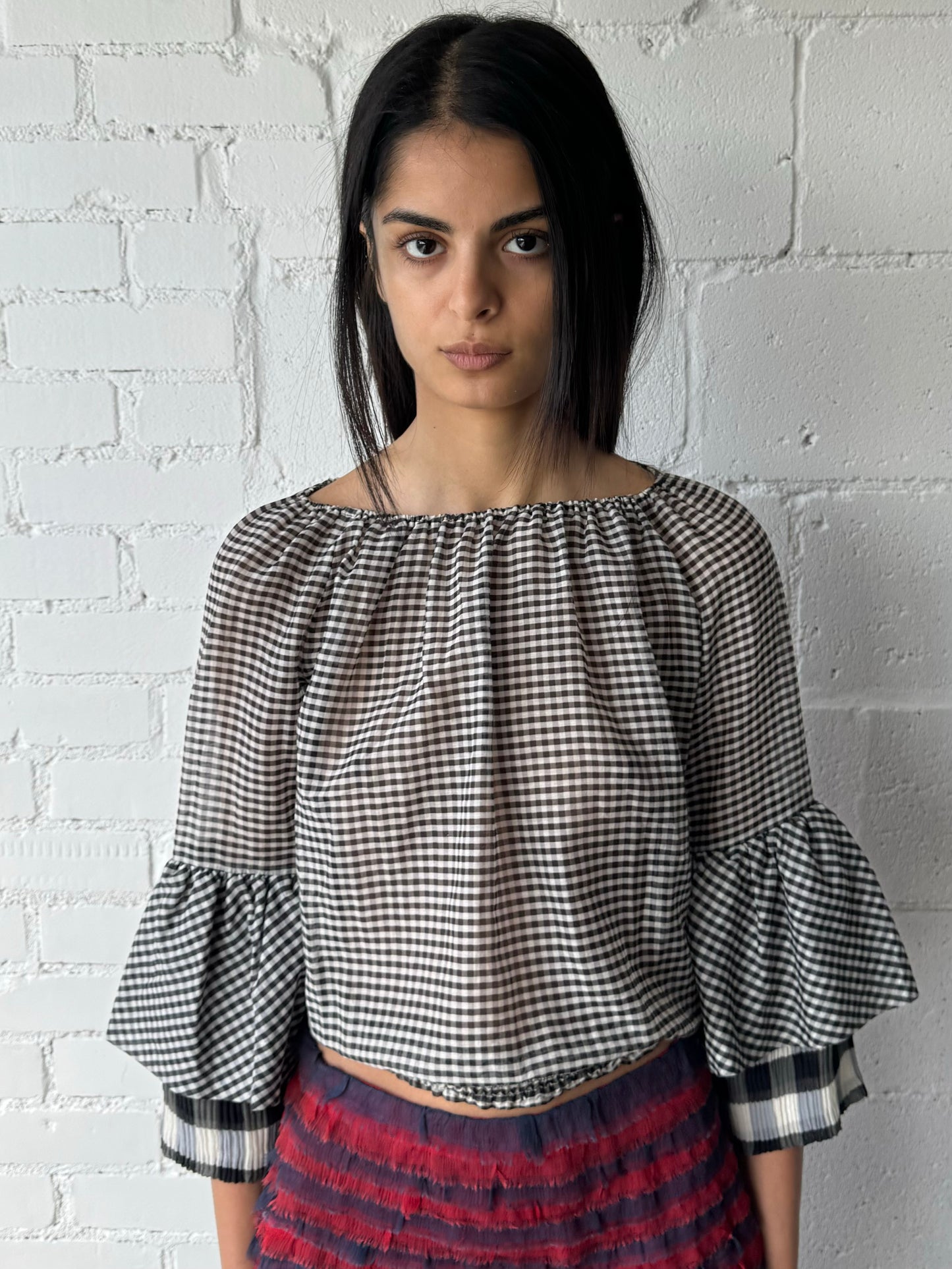 gingham blouse with silk stripe sleeves